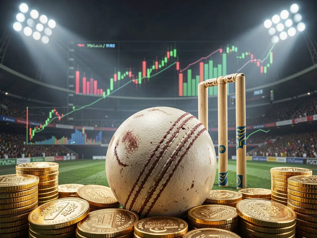 3SBD cricket betting page background featuring a dramatic stadium with floodlights, a cricket ball in the foreground, wickets behind, and golden coins alongside glowing data charts