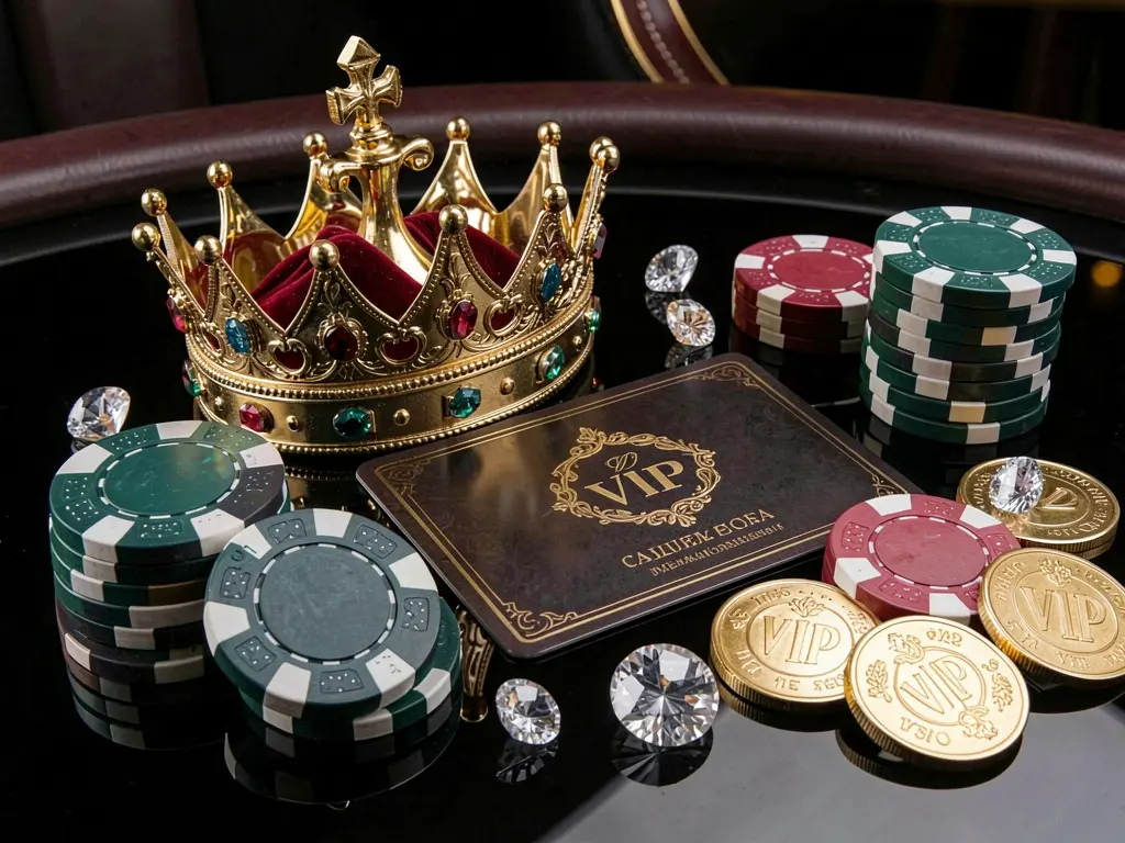 3SBD VIP casino bonus concept featuring a golden crown, luxury membership card, poker chips, diamonds, and coins displayed on a glossy black table in an elegant premium style