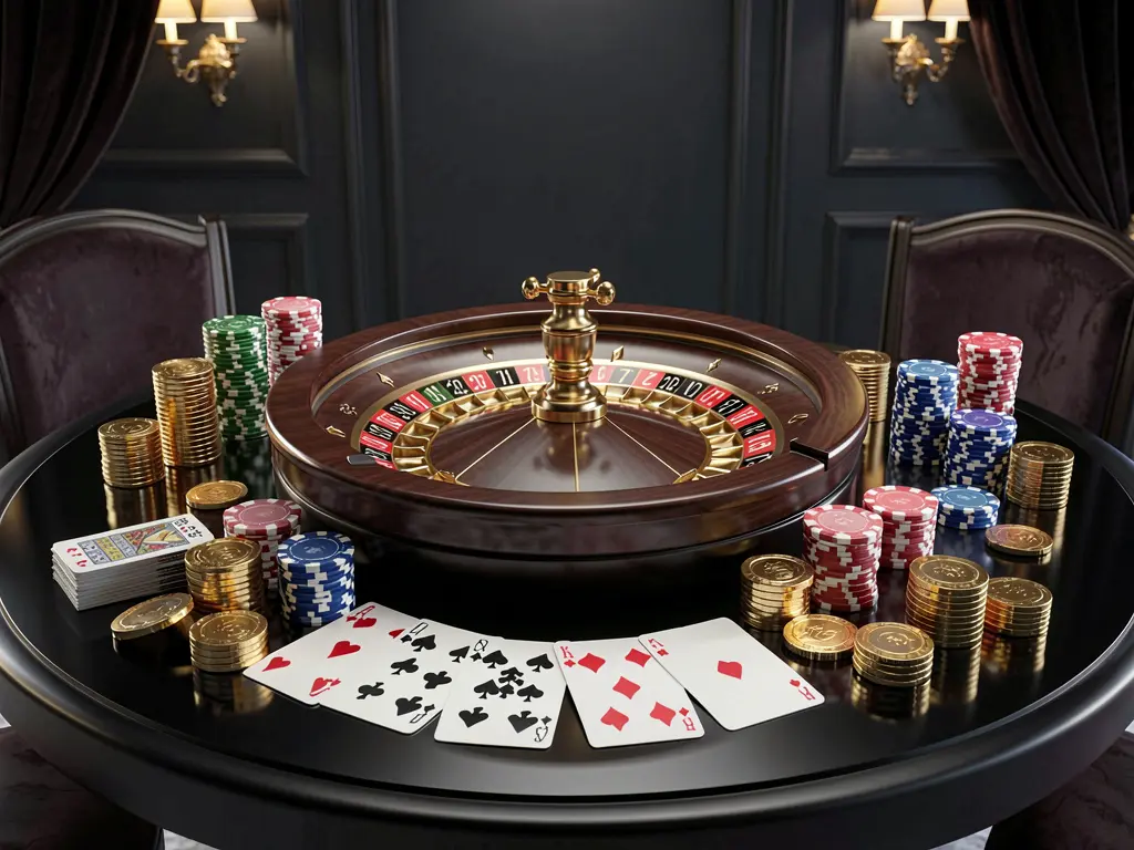 3SBD modern online casino scene featuring a roulette wheel, playing cards, poker chips, and golden coins on a glossy table with a dark luxury background in a realistic 3D illustration