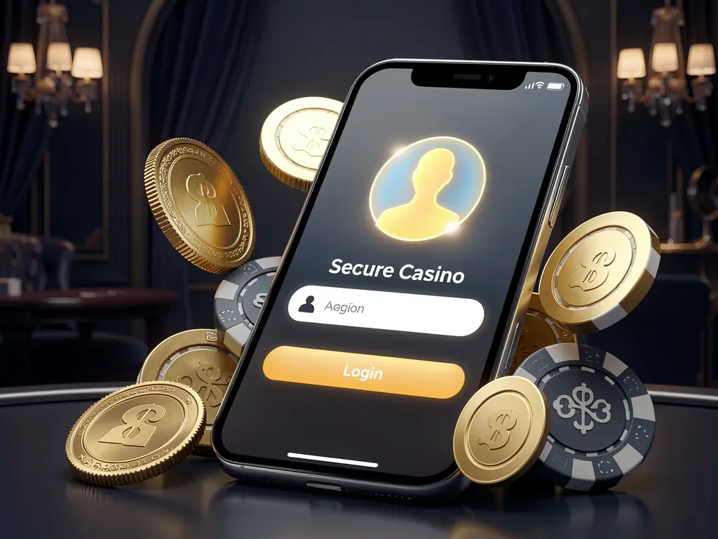 3SBD online casino login page hero banner featuring a modern smartphone with a secure login screen, glowing user profile icon, golden coins and poker chips on a dark luxury background in a premium 3D render